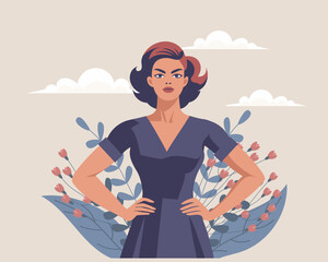 Young woman on sky background with flowers. Feminism and equality concept. Flat illustration