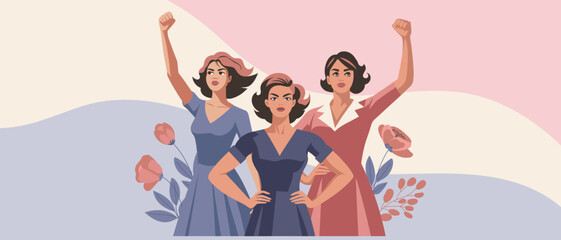 Young women with poppies flowers and raised hands in protest. Postcard for women's day, equality day. Banner, illustration