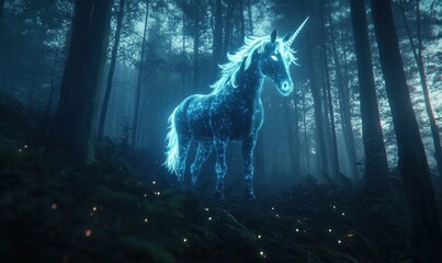 Glowing Unicorn in Enchanted Forest Surrounded by Mystical Light and Fog