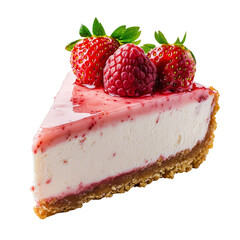 Delicious slice of cheesecake topped with fresh strawberries and raspberries
