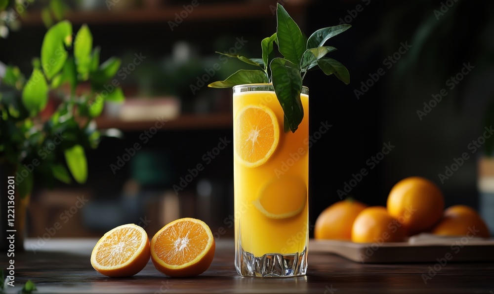 Poster freshly squeezed orange juice with garnish and oranges on table