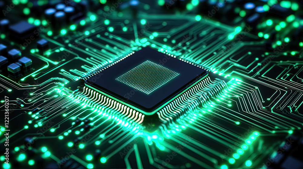 Poster green glowing circuit board with a central processor in a modern technology setup at night