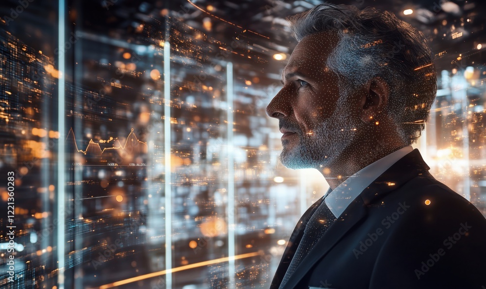 Poster businessman analyzing data in futuristic digital environment with graphs and visualizations