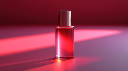 Elegant Red Glass Bottle with Cosmetic Liquid on a Gradient Background