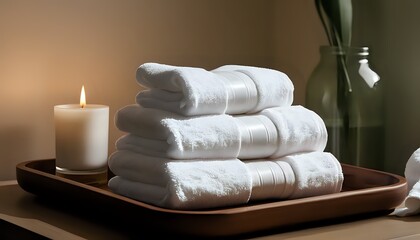 Serene Spa Towels: Soft, Luxurious Stack on Wooden Tray
