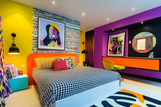 Pop art room, Bright and bold designs with graphic patterns, posters, neon colors and modern furniture