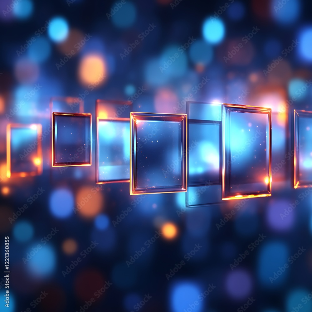 Poster glowing digital squares float in bokeh background