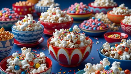A vibrant assortment of gourmet popcorn in colorful bowls, adorned with various toppings, perfect for celebrating National Popcorn Day or enhancing movie nights with creativity and enjoyment.
