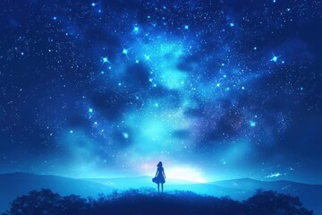 Fototapeta premium silhouette of a woman standing under a vast starry sky with glowing celestial lights exuding wonder copyspace concept of astronomy, travel, dreams