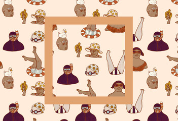 Heads of swimming people and legs of swimmers in the pool. Summer resort seamless pattern. Beach hand drawn white illustration of people on vacation.