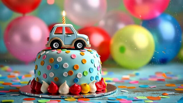 Colorful background with Birthday cake, car, balloons and copy space. Festive backdrop with empty space for text. Animated greeting card for children. Playful, vibrant design. Event for kids.