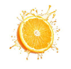 Round orange slice in splashes of juice isolated on transparent background.