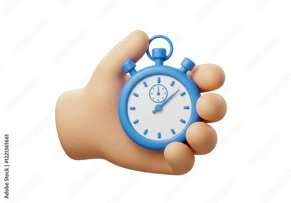 Poster a 3d rendering of a stopwatch with a blue casing and a white dial held in a human hand isolated on w
