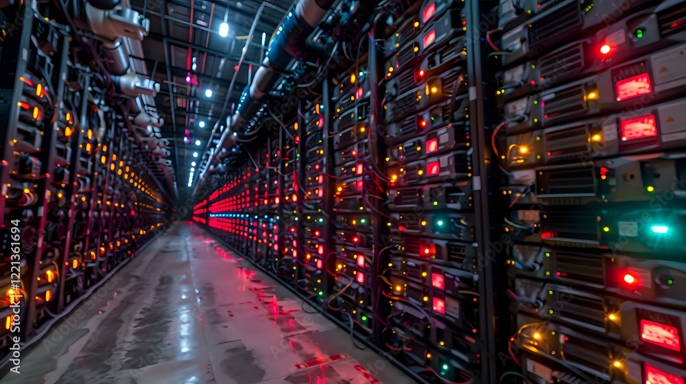 Poster modern data center corridor with rows of servers illuminated by colorful led indicators creating fut