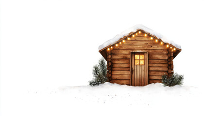 Cozy winter cabin adorned with lights, surrounded by snow and pine trees