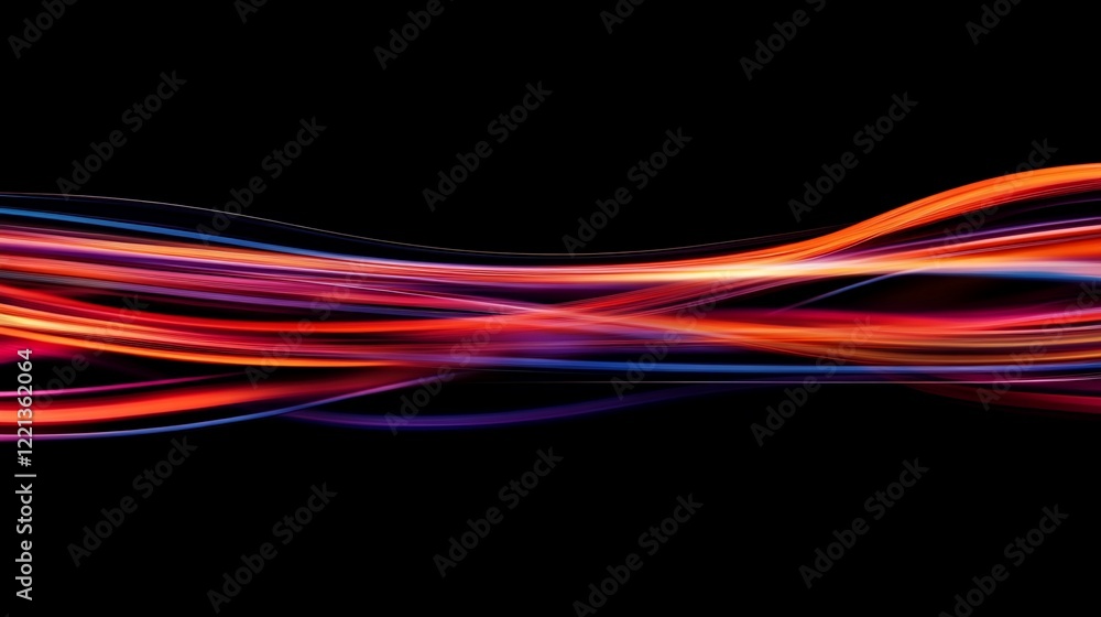 Poster abstract glowing lines flowing gracefully across a stark black background creating movement