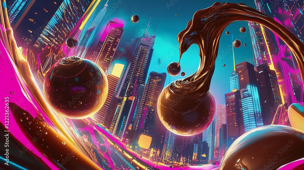 Poster surreal cityscape with floating spheres and dynamic liquid forms in neon colors