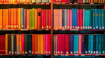 Colorful rows of books arranged on wooden library shelves create vibrant rainbow pattern, perfect for education, knowledge and learning concepts in modern interior design.