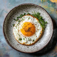 A single sunny-side-up egg, flawlessly cooked with crispy edges, seasoned with pepper, served on a rustic speckled plate, emanates simplicity and culinary precision.