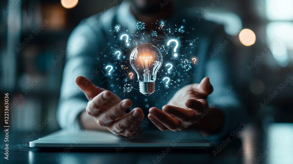 Poster glowing lightbulb with question marks held in hands