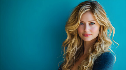 Fototapeta premium Captivating Portrait of a Beautiful Woman with Flowing Hair Against a Vibrant Blue Background
