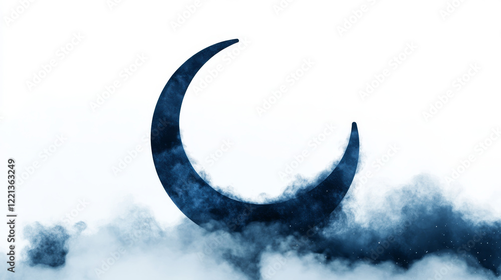 Poster ethereal crescent moon surrounded by soft clouds, creating mystical atmosphere