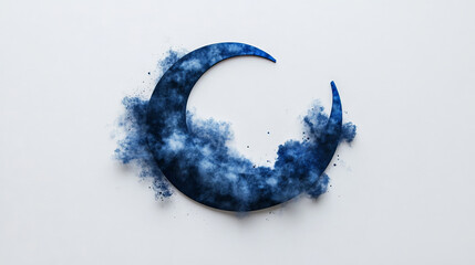 Ethereal blue crescent moon with cloud like texture on white background