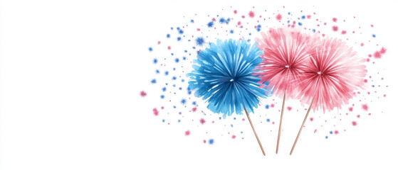 Obraz premium Colorful decorative pom poms in blue and pink with sparkles create festive atmosphere. Perfect for celebrations and events