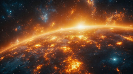 Fototapeta premium A breathtaking cosmic sunrise over an alien planet surface, with glowing lights and distant galaxies illuminating the horizon