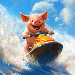 A cheerful and animated pig enjoys a thrilling ride on a bright orange jet ski through the ocean waves, capturing a joyful and adventurous moment in motion.