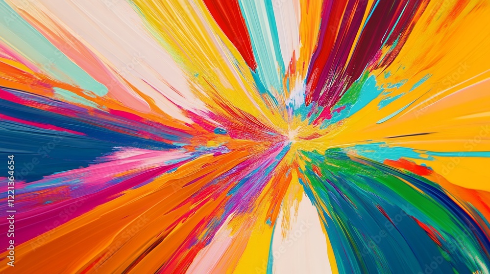 Poster abstract painting of vibrant colors exploding from a central point with various brush strokes and te