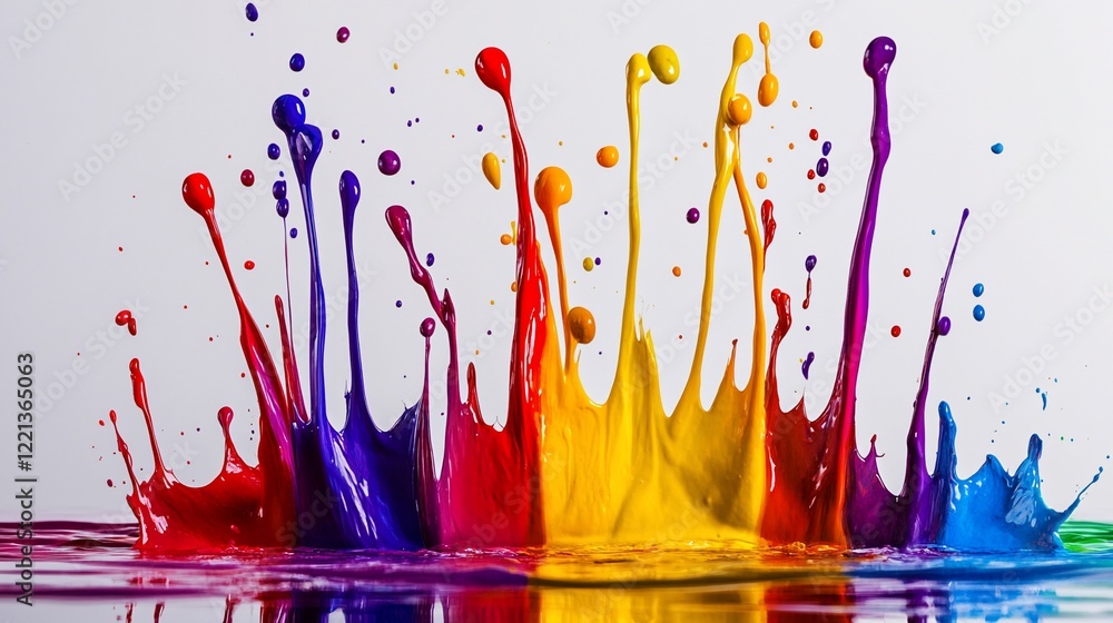 Poster colorful paint splashes create a vibrant and dynamic abstract composition on a white background