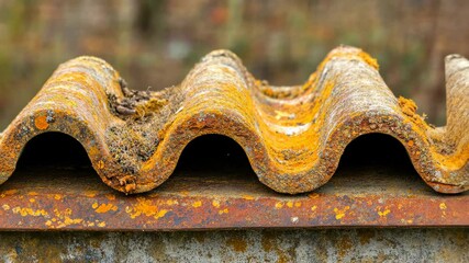 Weathered corrugated metal sheet covered in rust and moss at an outdoor location during the daytime - Powered by Adobe