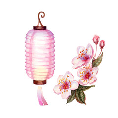 Paper lantern, cherry blossom for celebrating the Japanese Hanami festival isolated on a white background. Beautiful light and gradient of lilac-pink-yellow color. Watercolor template