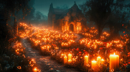 Obraz premium An ornate church interior filled with glowing candles and vibrant floral decorations, creating a serene and spiritual atmosphere