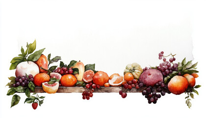 vibrant watercolor painting of assorted fruits, including oranges, grapes, and pomegranates, beautifully arranged on wooden surface