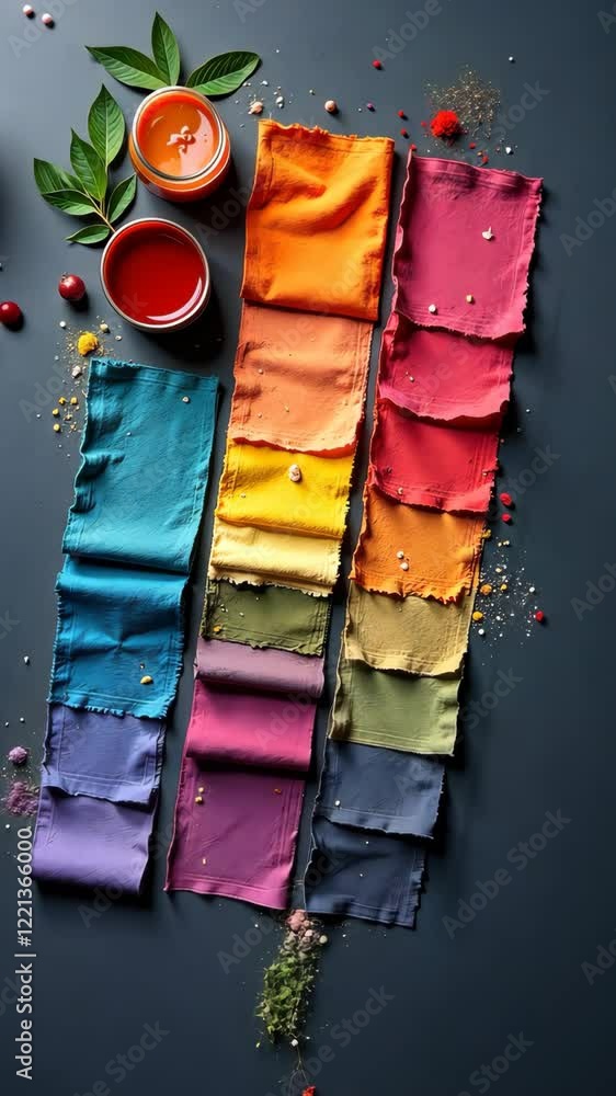 Poster A row of colorful fabric swatches are displayed on a table. The swatches are arranged in a rainbow pattern, with each color being represented by a different fabric