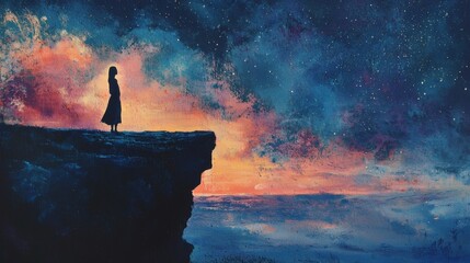 7. A silhouette of a woman standing at the edge of a cliff, bathed in an ethereal glow from the horizon