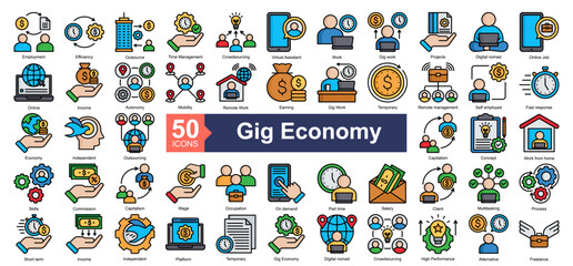 Gig Economy Icon Collection Set.Containing Employment, Efficiency, Outsource, Time management, Crowdsourcing, Virtual Assistant, Work, Gig work icon. Simple lineal style Vector Illustration.