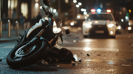 Urban Night Scene with Motorcycle Accident and Police Lights