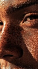 A close-up of a person’s face, soft light highlighting freckles and skin contours, gentle shadows enhancing texture, creating a natural, radiant glow.