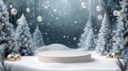 Winter Wonderland Christmas Display: Festive Snowy Scene with Decorated Trees and a Product Showcase Platform