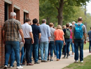Obraz premium Citizens lining up outside voting booth for election