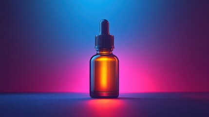 Naklejka premium Glowing Amber Bottle on Blue and Purple Background with Dropper