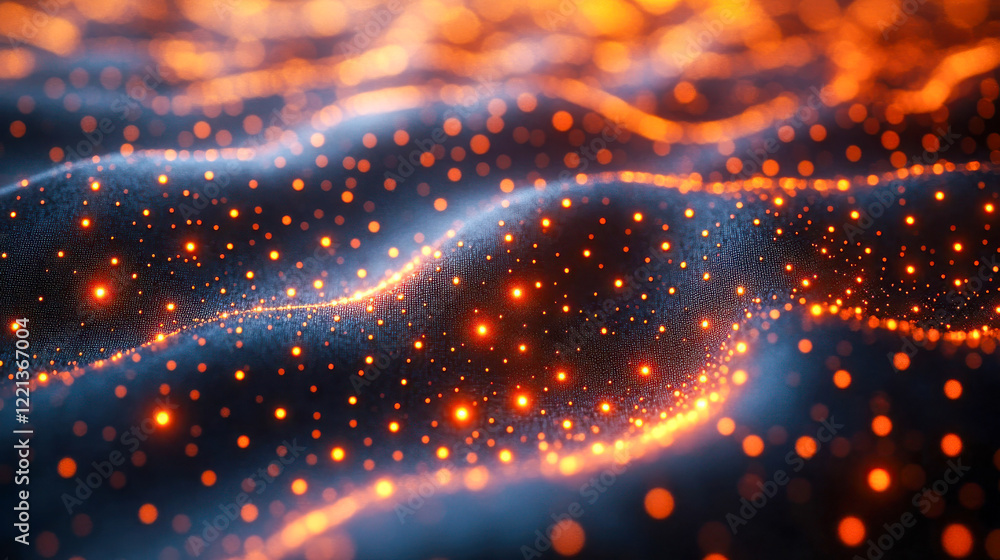 Poster abstract glowing wave of orange particles on a dark surface, creating a futuristic and technological