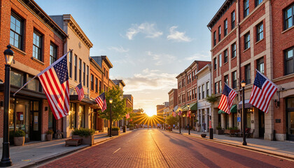 Fototapeta premium Historic American buildings adorned with flags at sunset, Independence Day