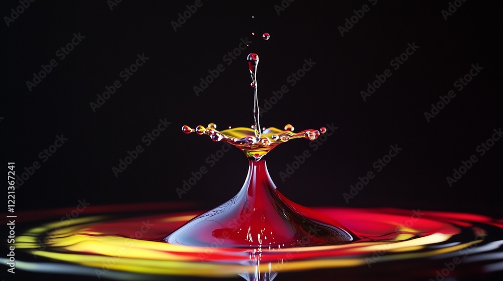 Poster close up image of a red and yellow liquid drop collision forming crown and splash shapes on a black 