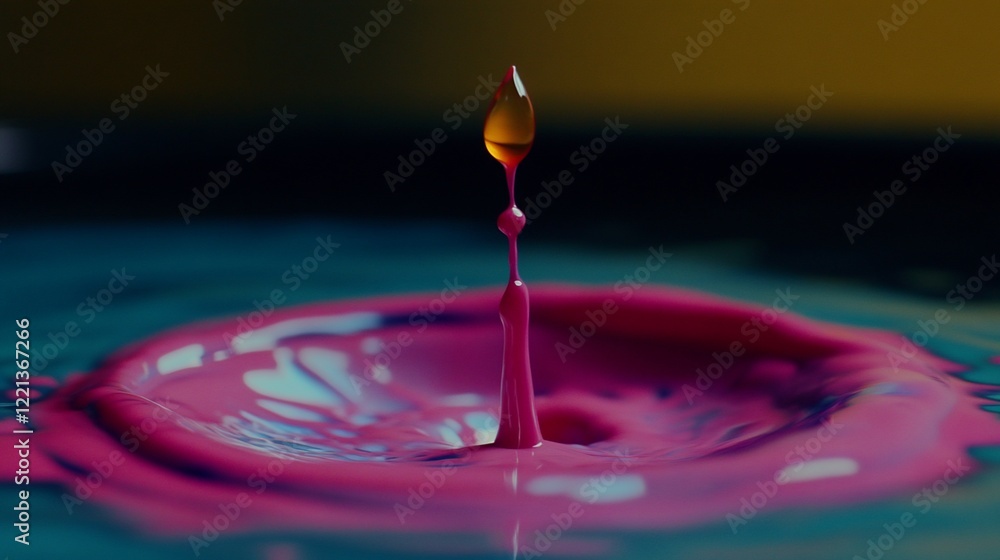Poster macro shot of a liquid drop in mid-air colliding with a pink surface causing a splash