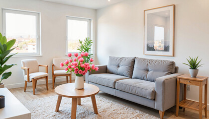 Rearranging living room furniture in modern decor, spring cleaning