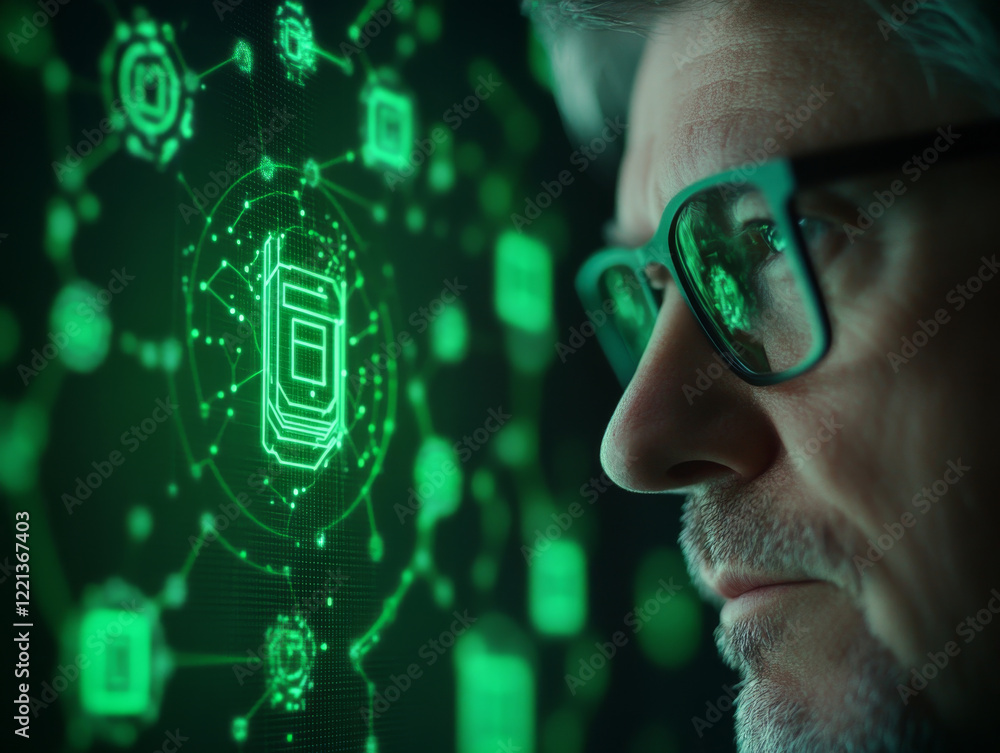 Poster focused man with glasses gazes at digital interface displaying green technology icons, symbolizing i